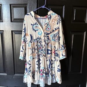 Cream Tunic Dress with Navy & Aqua Floral Embroidery